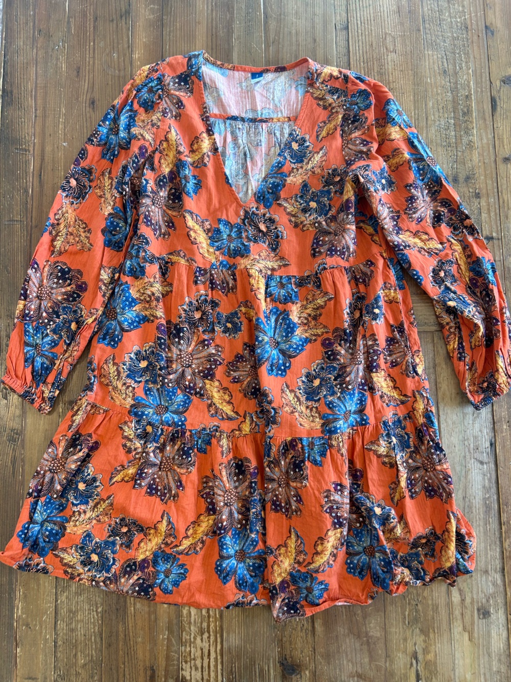 Old Navy Orange Mini Dress with Blue & Brown Floral Print